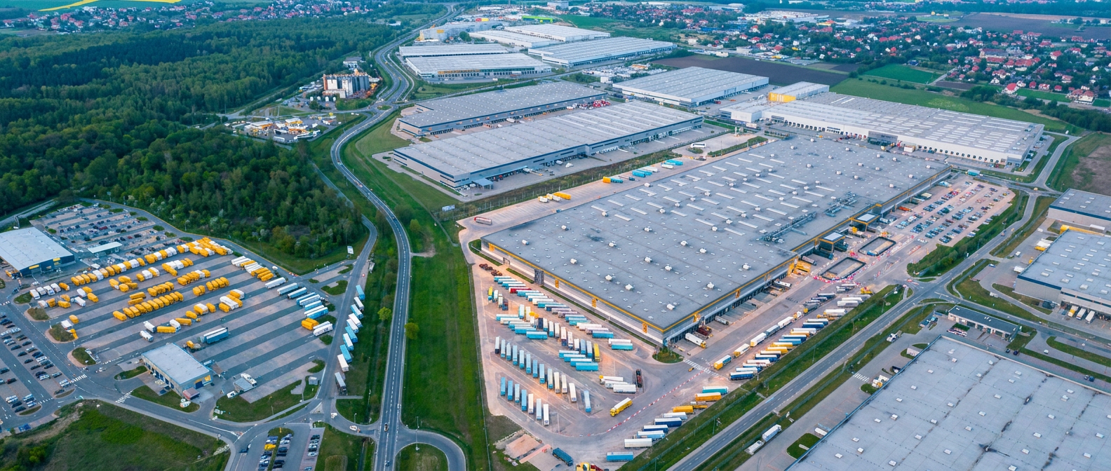 Aerial view of warehouses and a logistics park